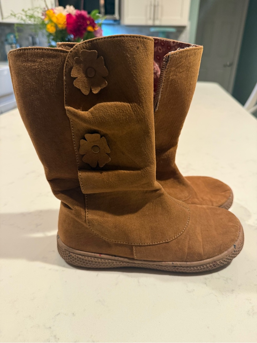 Livie and Luca Brown Suede Flower Button Mid-Calf Boots